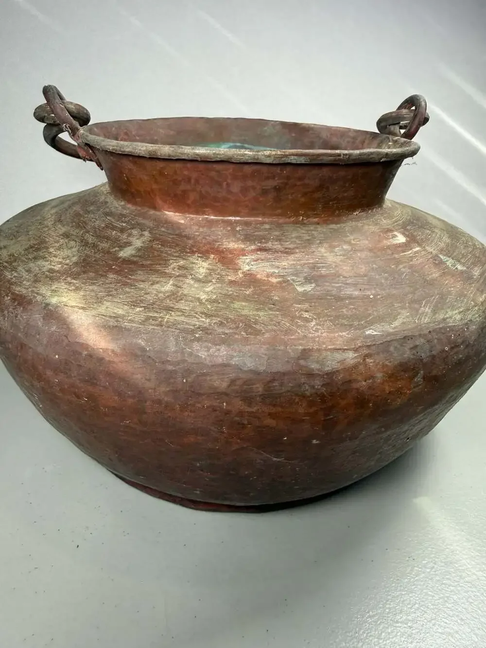 Antique Hand Hammered Copper Pot Cauldron Bail Handle Verdigris Patina Primitive